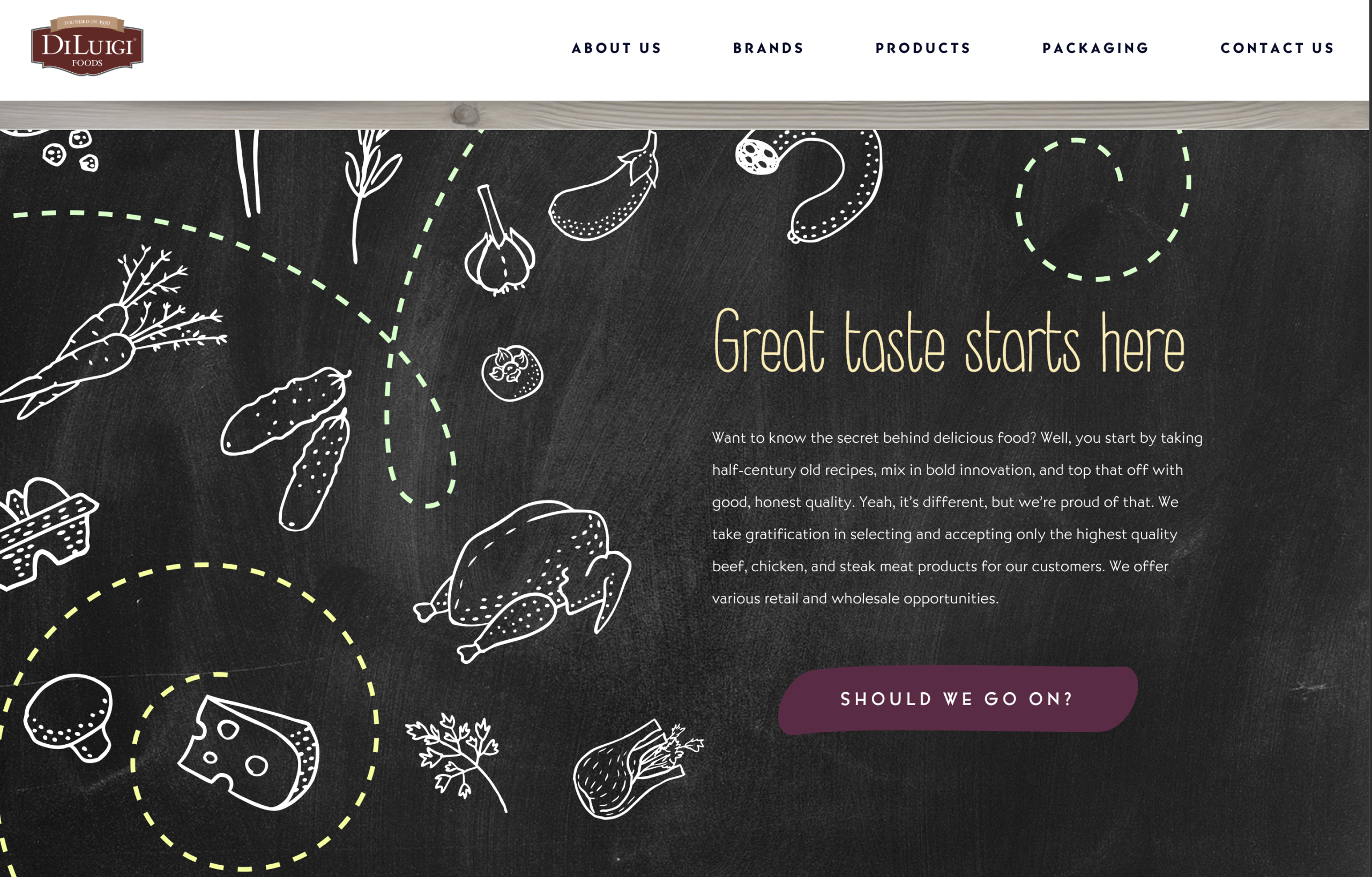 DiLuigi Foods website design featuring chalkboard-style illustrations and brand-aligned visual storytelling.
