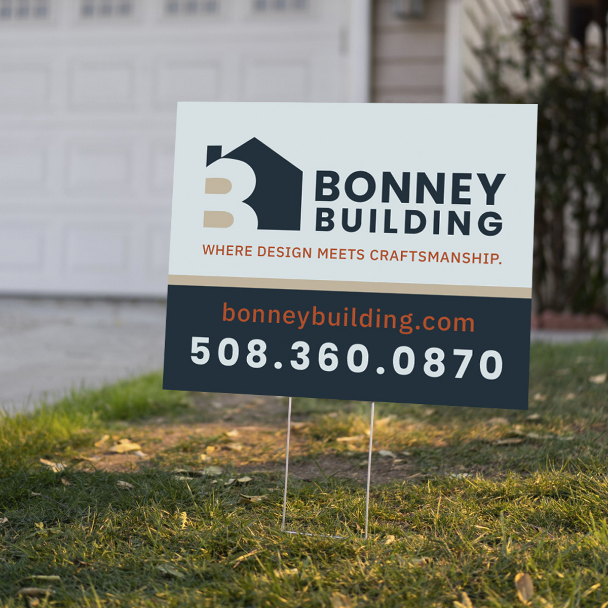 Brand identity design for Bonney Building — yard sign mockup.
